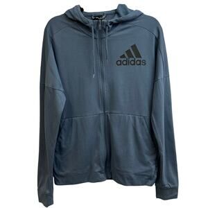 Adidas Full Zip Hooded Sweatshirt Blue Black Tri Striped Size Medium Athletic